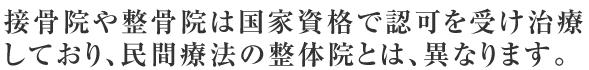 接骨院や整骨院は国家資格で認可を受け治療しており、民間療法の整体院とは、異なります。